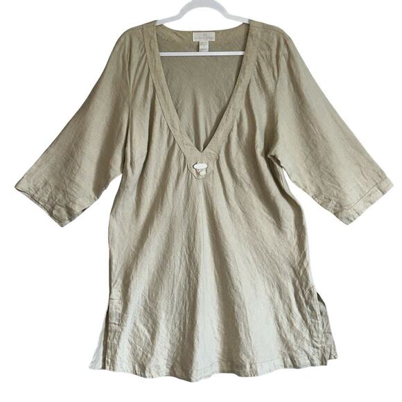 Soft Surroundings | 1X | 100% Linen Pullover V-Neck Tunic beaded boho minimalist - Picture 1 of 7